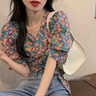 Floral Puff-sleeve Top As Shown In Figure - One Size