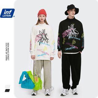 Unisex Loose-fit Mock-neck Printed Pullover
