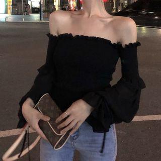 Off-shoulder Lantern-sleeve Blouse Black - One Size