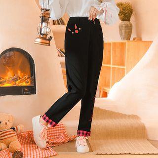 Deer Embroidered Check Hem Pants