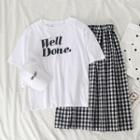 Short-sleeve Lettering Printed T-shirt / High-waist Plaid Pleated Skirt