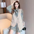 Flower Print Long-sleeve Mini Shift Dress / Irregular Hem Vest / Set