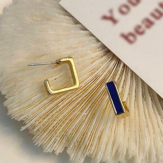 Square Alloy Earring 1 Pair - S925 Silver Pin Stud Earrings - Gold & Blue - One Size