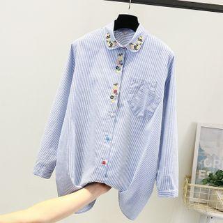 Flower Embroidered Shirt Stripes - Blue - One Size