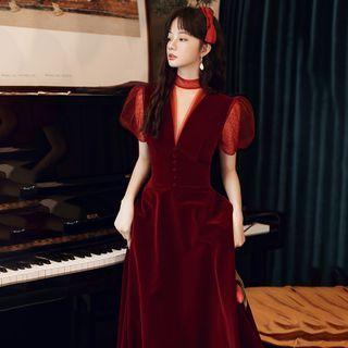 Short-sleeve Mesh Panel Velvet Evening Dress