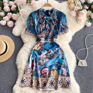 Lace-up Strap Bow Collar Print Dress