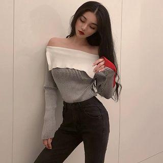 Off-shoulder Long-sleeve Color Block Knit Top