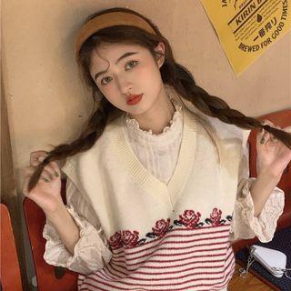 V-neck Rose Print Striped Sweater Vest Off-white - One Size
