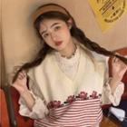 V-neck Rose Print Striped Sweater Vest Off-white - One Size