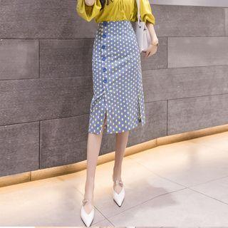Polka Dot Slit Midi Pencil Skirt