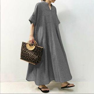 Elbow-sleeve V-neck Plain Maxi Dress Gray - One Size