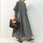 Elbow-sleeve V-neck Plain Maxi Dress Gray - One Size