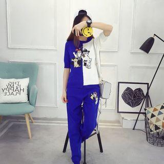 Set: Print Colour Block Short-sleeve Knit Top + Pants