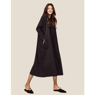 Frilled-neckline Long Pintuck Dress