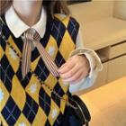 Bow-accent Long-sleeve Blouse / Color-block Knit Vest / A-line Skirt
