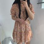 Short-sleeve Floral Printed Pleated Chiffon Dress