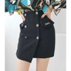 Button-front Fringe-trim Mini Skirt