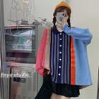 Striped Color Block Collar Cardigan As Shown In Figure - One Size