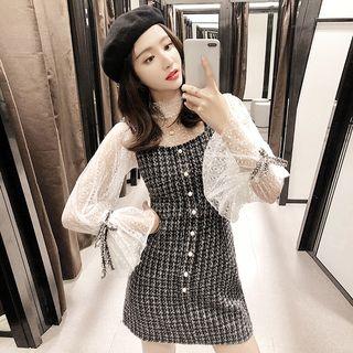 Set: Mock-neck Long-sleeve Mesh Top + Tweed Jumper Dress