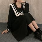 Puff-sleeve Sailor Collar Midi A-line Dress Black - One Size