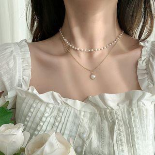 Faux Pearl Pendant Layered Alloy Choker Necklace - White - One Size