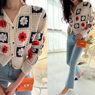 Boucle-flower Crochet Cardigan Cream - One Size
