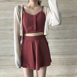 Cropped Cardigan / Set: Spaghetti-strap Crop Top + Culottes