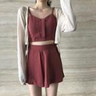 Cropped Cardigan / Set: Spaghetti-strap Crop Top + Culottes