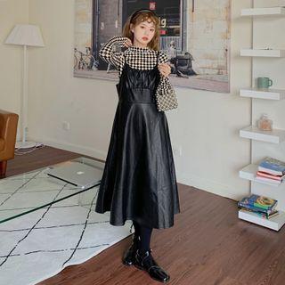 Long-sleeve Mock-neck Diamond Pattern Top / Faux Leather Midi A-line Overall Dress