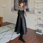 Long-sleeve Mock-neck Diamond Pattern Top / Faux Leather Midi A-line Overall Dress