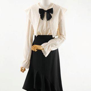 Ruffle Trim Midi A-line Skirt / Lace Blouse