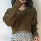 Plain V-neck Lace-up Long-sleeve Sweater / Fringed High-waist Skirt