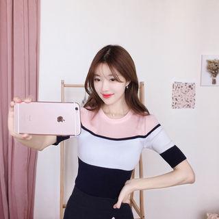 Elbow-sleeve Color-block Rib-knit Top