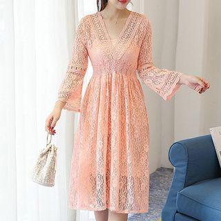 V-neck 3/4 Sleeve Lace Overlay Midi Dress