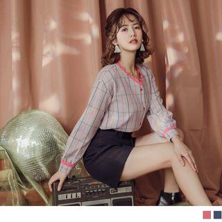 Lace-trim V-neck Plaid Blouse