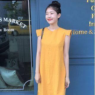 Cap-sleeve Plain A-line Dress Curcumin - One Size