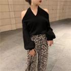Plain Off-shoulder Puff-sleeve Sweater / Leopard Loose-fit Pants