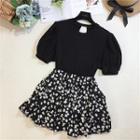 Set: Plain Puff-sleeve T-shirt + Floral Mini A-line Skirt