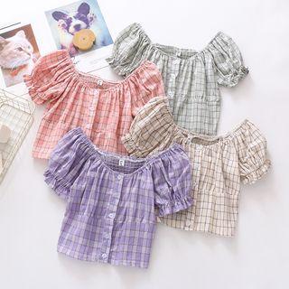 Puff-sleeve Plaid Crop Top