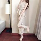 Set: Sleeveless Lace Top + Wide-leg Lace Pants