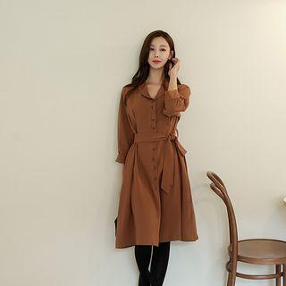 Shawl-collar Pintuck-waist Midi Shirtdress With Sash