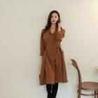 Shawl-collar Pintuck-waist Midi Shirtdress With Sash