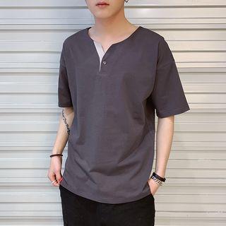 Couple Matching Elbow-sleeve Placket T-shirt
