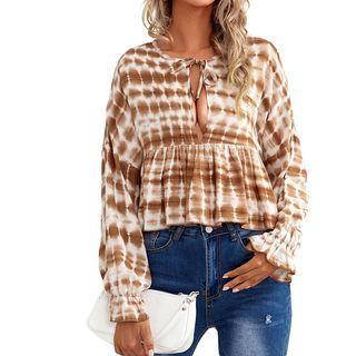 Long-sleeve Tie-dyed Ruffle-trim Crop Top