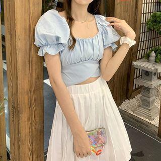 Square-neck Puff-sleeve Blouse / Pleated A-line Skirt