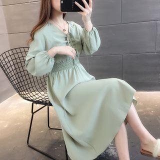 Lace-up Ruched Long-sleeve A-line Midi Dress