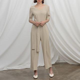 Tie-waist Pleated Wide-leg Jumpsuit