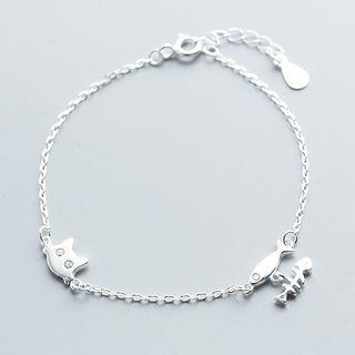 925 Sterling Silver Cat & Fish Bracelet S925 - As Shown In Figure - One Size