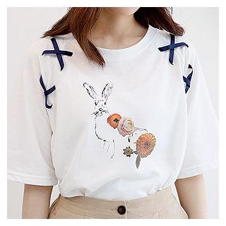 Lace-up Detail Rabbit Print T-shirt