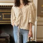 Long-sleeve Tie Neck Lace Top Almond - One Size